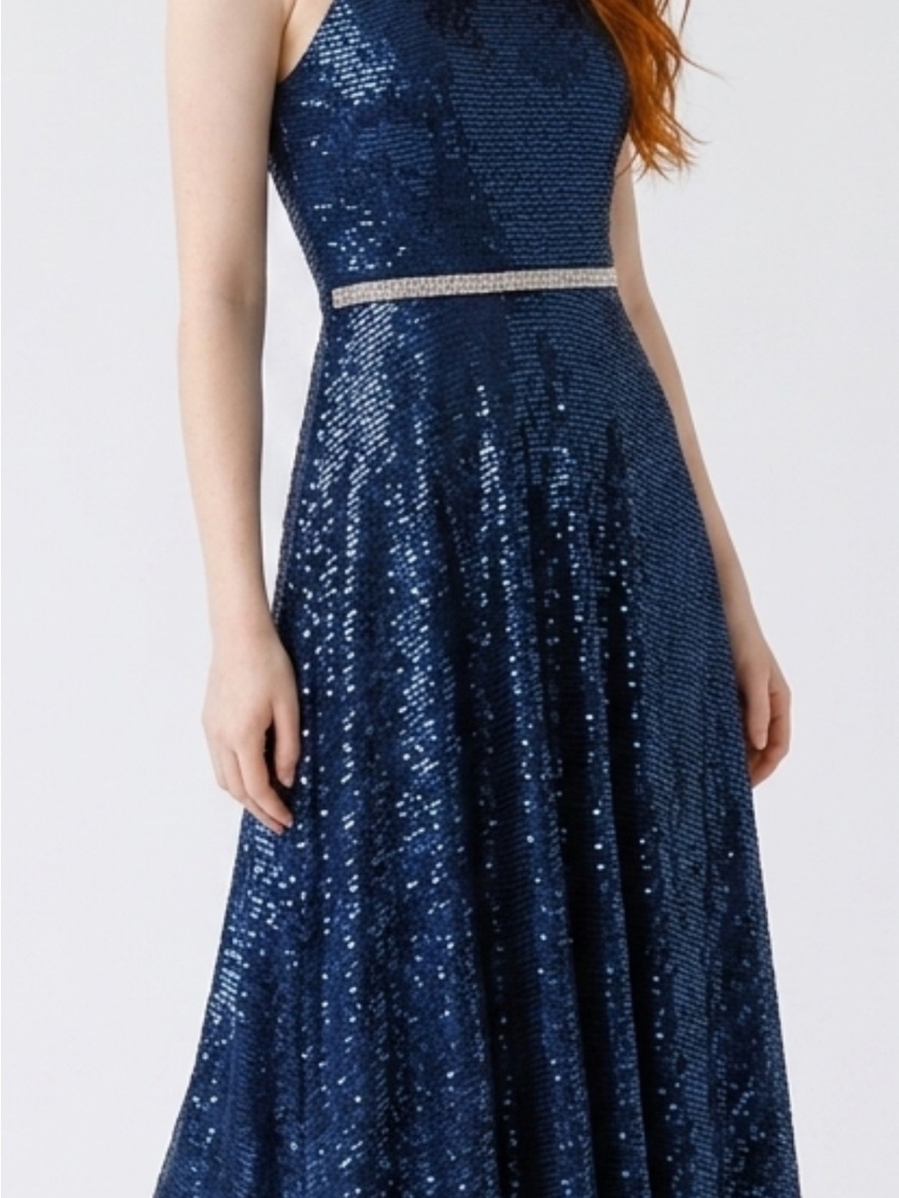 Rare Editions Navy Sequin Halter Gown with Rhinestone waist Age 16 prom